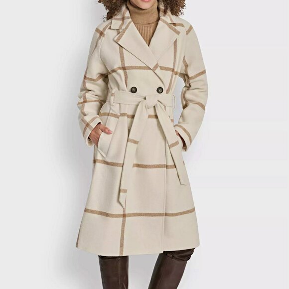 DKNY Women's Plaid Maxi Belted Notch Collar Coat Size M (MSRP $350) - Picture 1 of 9